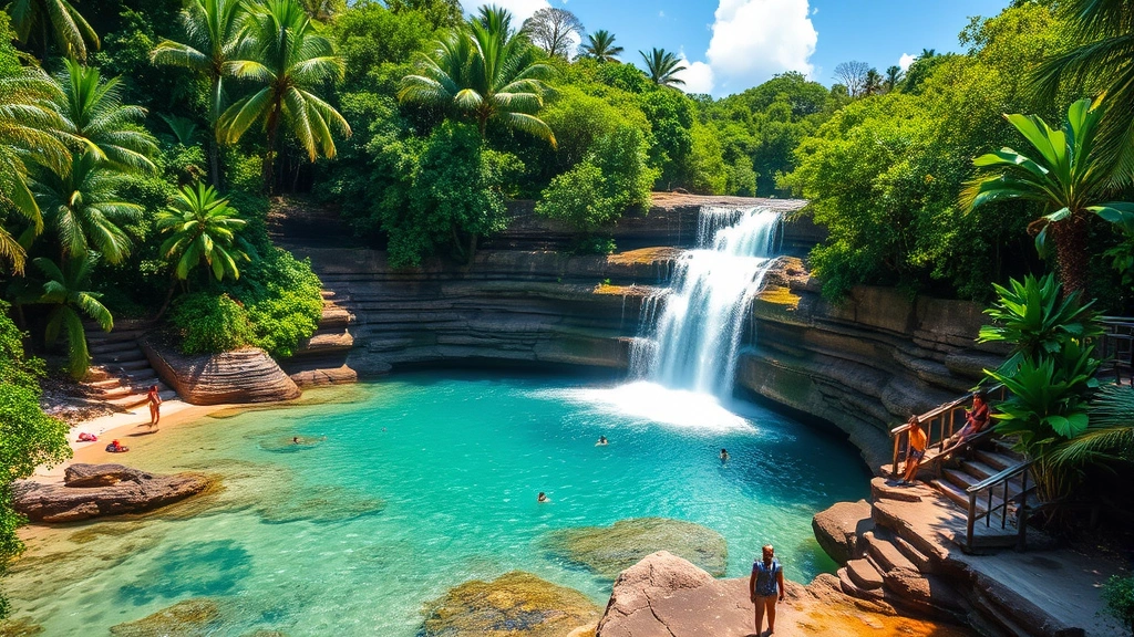 Dunn's River Falls cascading terraced waterfall flowing directly into turquoise Caribbean Sea, lush green tropical vegetation surrounding the falls, visitors swimming in pools, bright daylight, photorealistic landscape
