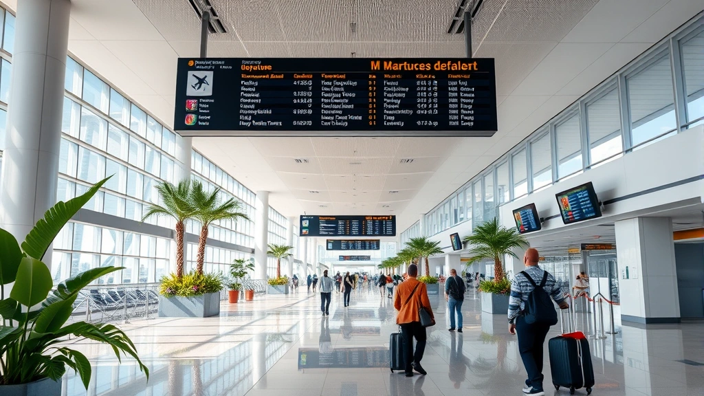 Modern airport terminal interior at Montego Bay with departure boards, tropical plants, natural lighting, travelers with luggage moving through spacious concourse, clean contemporary architecture, photorealistic