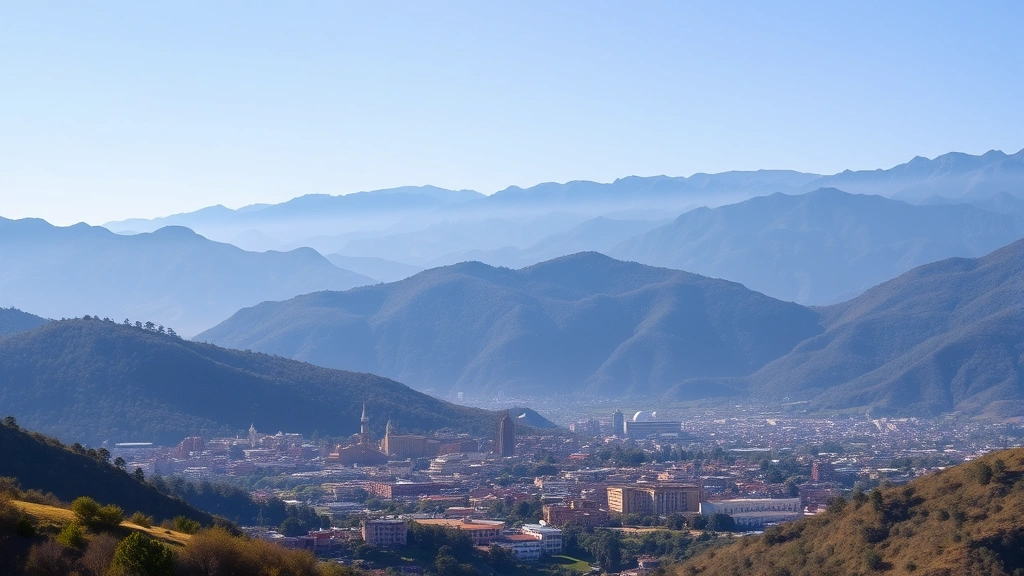 Durango mountain landscape with colonial architecture, clear blue sky, afternoon light illuminating city buildings nestled in valley surrounded by Sierra Madre mountains, no text visible