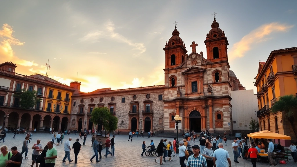 Durango city center colonial cathedral at sunset, golden light on stone architecture, plaza with locals and tourists, vibrant street scene capturing authentic Mexican atmosphere, no text visible