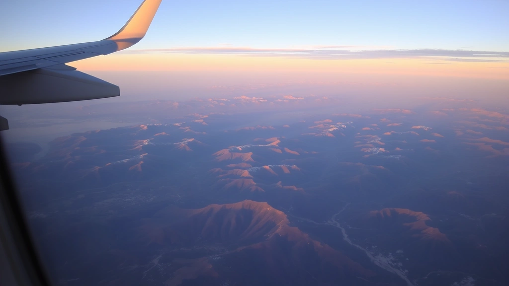 Airplane window view of Mexican mountains and valleys approaching Durango region, dawn or dusk lighting, aerial perspective showing terrain below, no text visible