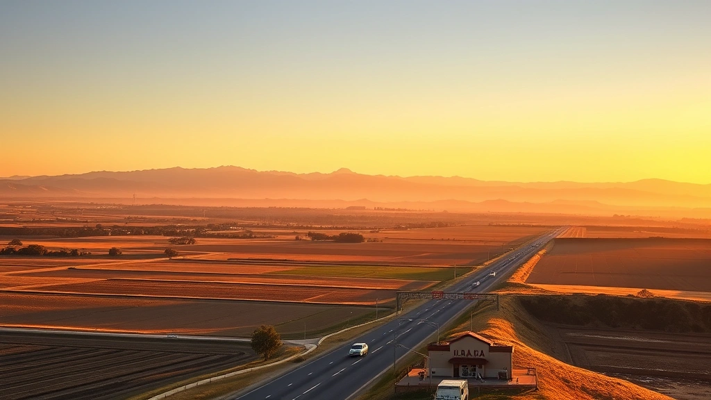 California Central Valley landscape with agricultural fields, distant Sierra Nevada mountains, golden hour lighting, scenic highway perspective