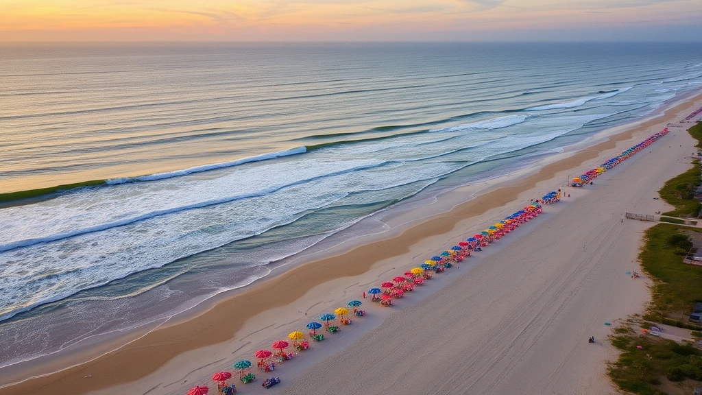 Aerial view of Galveston beachfront with colorful beach umbrellas, waves, and sandy shoreline at sunset, tropical atmosphere, vacation destination