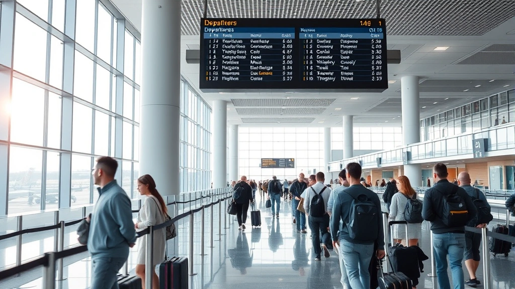 Modern airport terminal interior with departures board, travelers checking in, bright natural lighting, contemporary architecture, busy yet organized travel hub