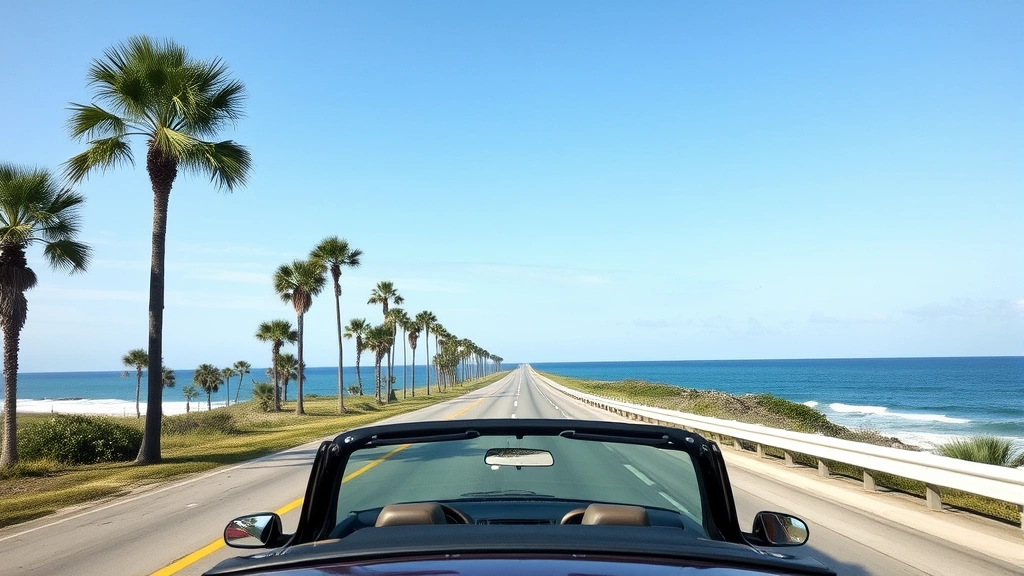 Scenic coastal highway leading to Galveston with palm trees, blue ocean waters, clear sky, convertible car driving toward beach destination