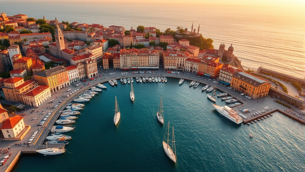 Aerial view of Genoa's Porto Antico waterfront with colorful historic buildings and Mediterranean harbor, sailboats dotting the turquoise water, golden hour sunset lighting