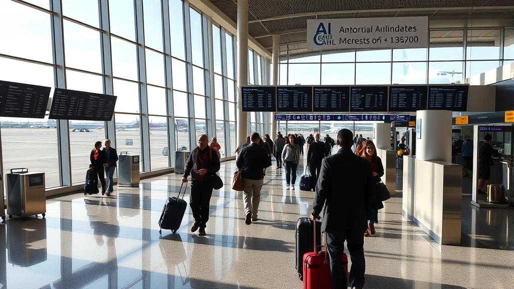 Modern airport terminal interior showing departure boards, travelers with luggage, airline counters, and large windows overlooking runways with aircraft
