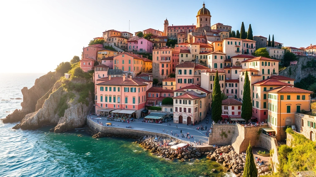 Scenic Italian coastal town with pastel-colored buildings cascading down hillside toward sparkling sea, traditional Italian architecture, Mediterranean cypress trees, golden sunlight