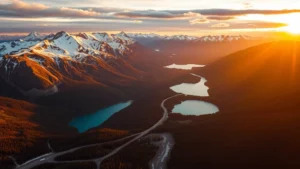 Aerial view of Glacier National Park with snow-capped peaks, turquoise alpine lakes, and forested valleys during golden hour sunset