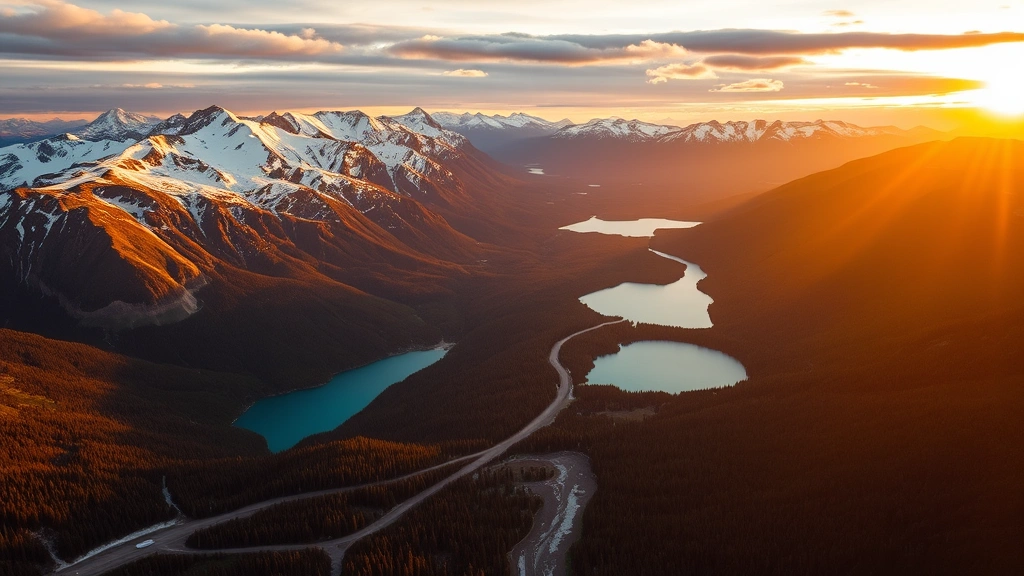 Aerial view of Glacier National Park with snow-capped peaks, turquoise alpine lakes, and forested valleys during golden hour sunset