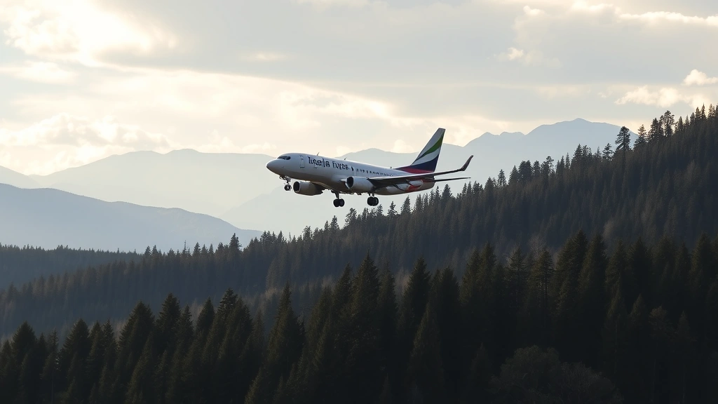 Commercial jet aircraft taking off from mountain valley airport with evergreen forests and distant mountain range visible