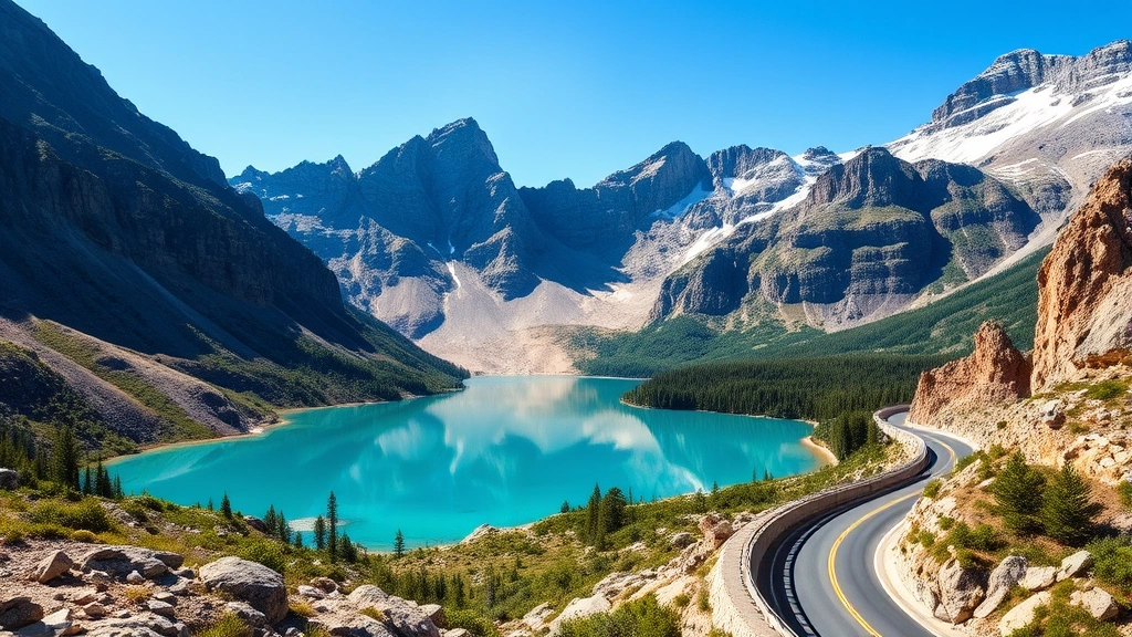 Scenic mountain highway winding through pristine wilderness with dramatic rocky peaks, crystal clear turquoise lake reflection, and clear blue sky