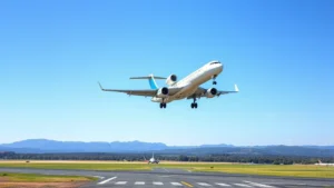 Modern aircraft taking off from regional airport runway with clear blue sky and green landscape visible below, photorealistic daylight photography