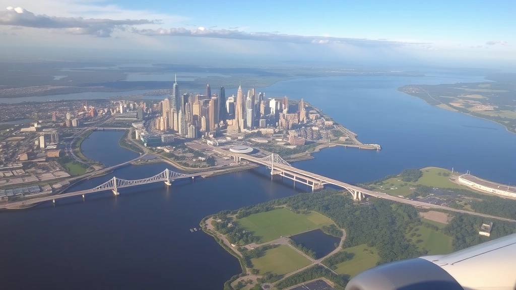 Scenic aerial view of Grand Rapids cityline with Michigan lakes, downtown skyline, bridges, and surrounding green areas from airplane window perspective