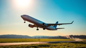 Commercial jet aircraft ascending steeply from runway at sunrise with bright golden light, clear blue sky, and green landscape below
