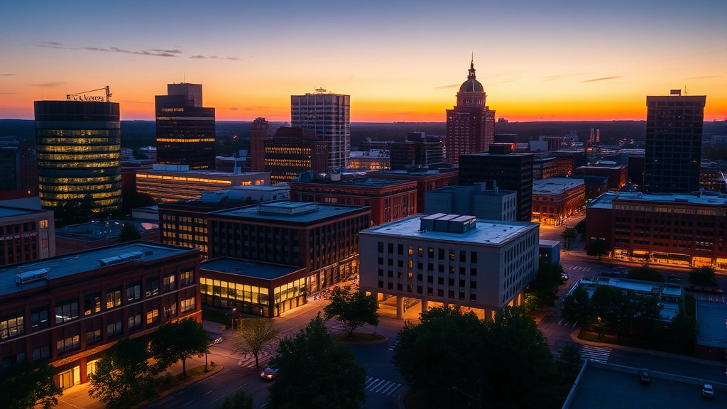 Downtown Greensboro North Carolina cityscape at dusk with illuminated office buildings, street-level activity, and warm evening lighting