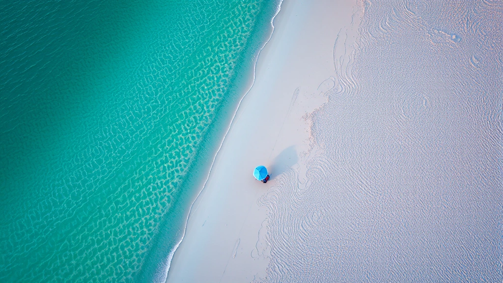 Aerial view of pristine white sand beaches in Gulf Shores Alabama with turquoise water and beach umbrellas, sunrise lighting, photorealistic