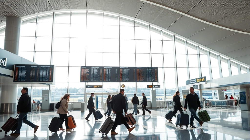 Modern airport terminal interior with departure boards, travelers with luggage, natural light from large windows, contemporary design elements