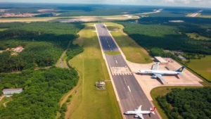 Aerial view of Cheddi Jagan International Airport in Georgetown Guyana with tropical vegetation and runways, clear daylight, modern terminal buildings visible