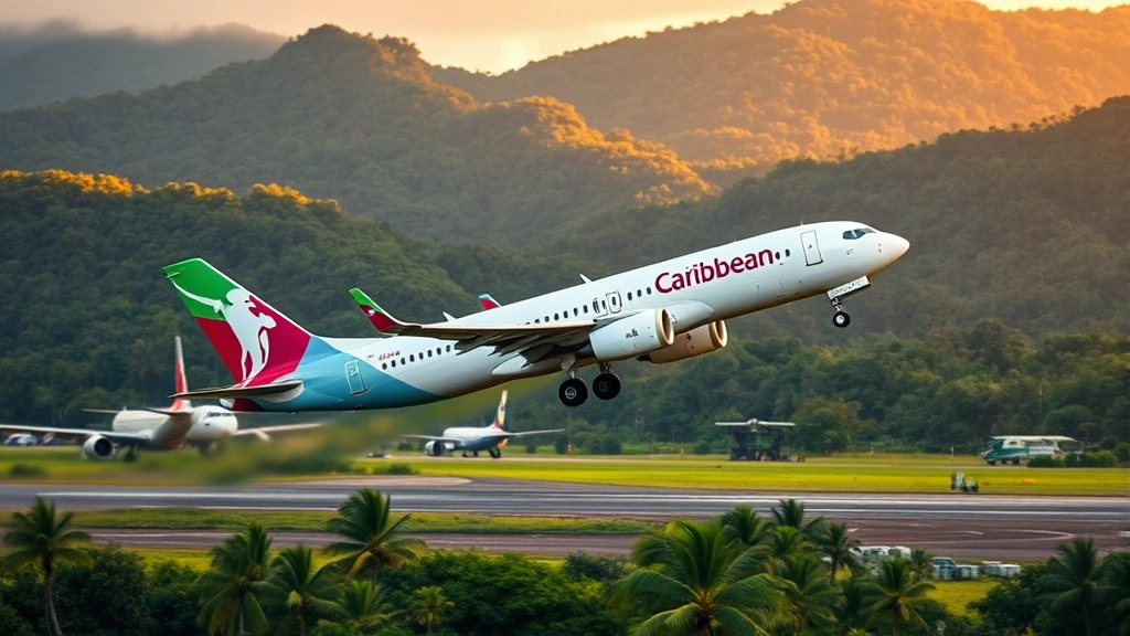 Caribbean Airlines modern jet aircraft taking off from tropical airport with lush green rainforest landscape in background, golden hour lighting