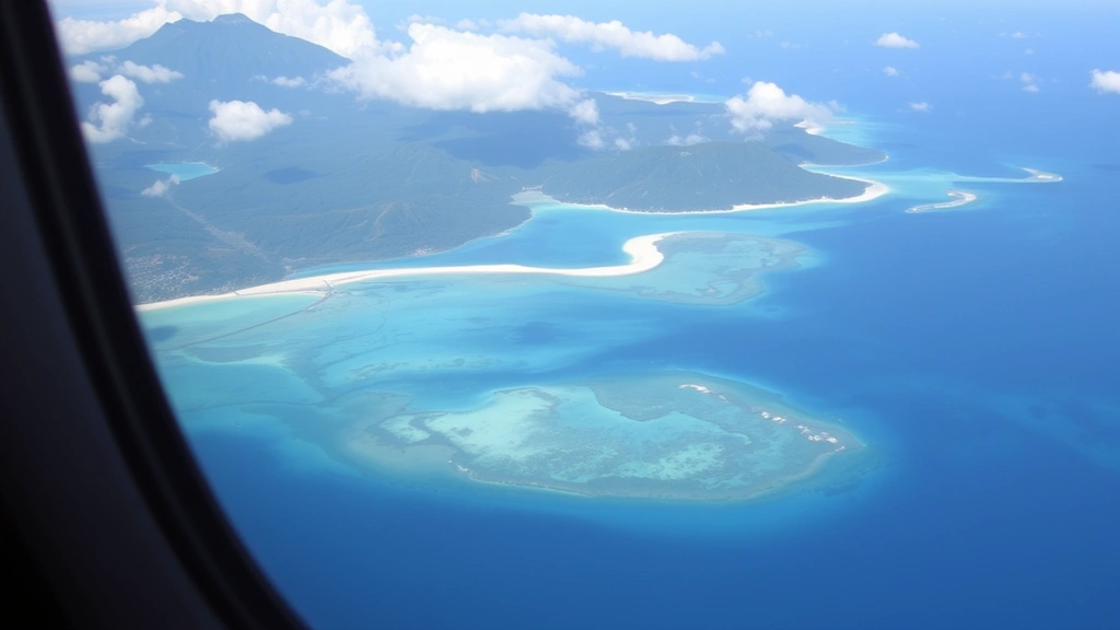 Aerial view of turquoise Caribbean waters surrounding Haiti with white sand beaches and lush green mountains, taken from airplane window during descent into Port-au-Prince