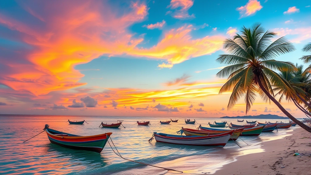 Tropical beach scene in Haiti with colorful fishing boats on crystal clear water, palm trees swaying, vibrant sunset sky with warm orange and pink hues, no people visible