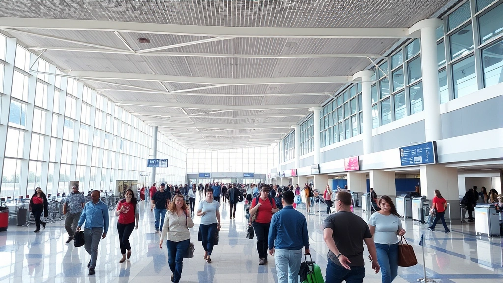 Modern airport terminal interior with passengers walking through bright concourse, check-in counters visible, contemporary architecture, daytime lighting, busy but organized atmosphere