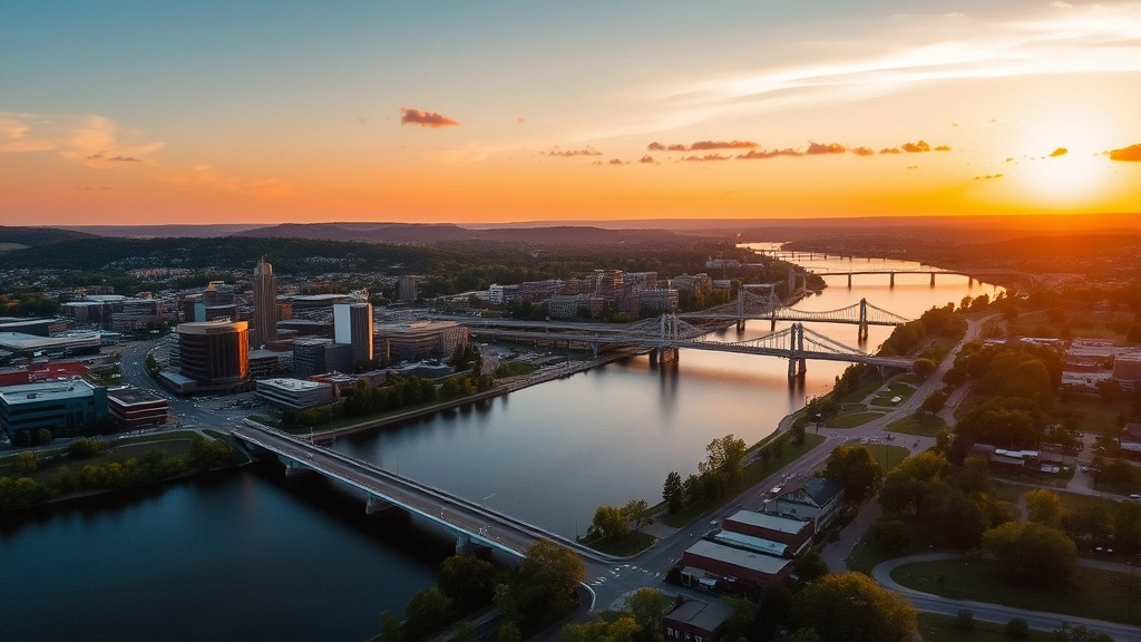 Aerial landscape view of Harrisburg Pennsylvania cityscape showing Susquehanna River, downtown buildings, bridges, and surrounding green areas at golden hour sunset