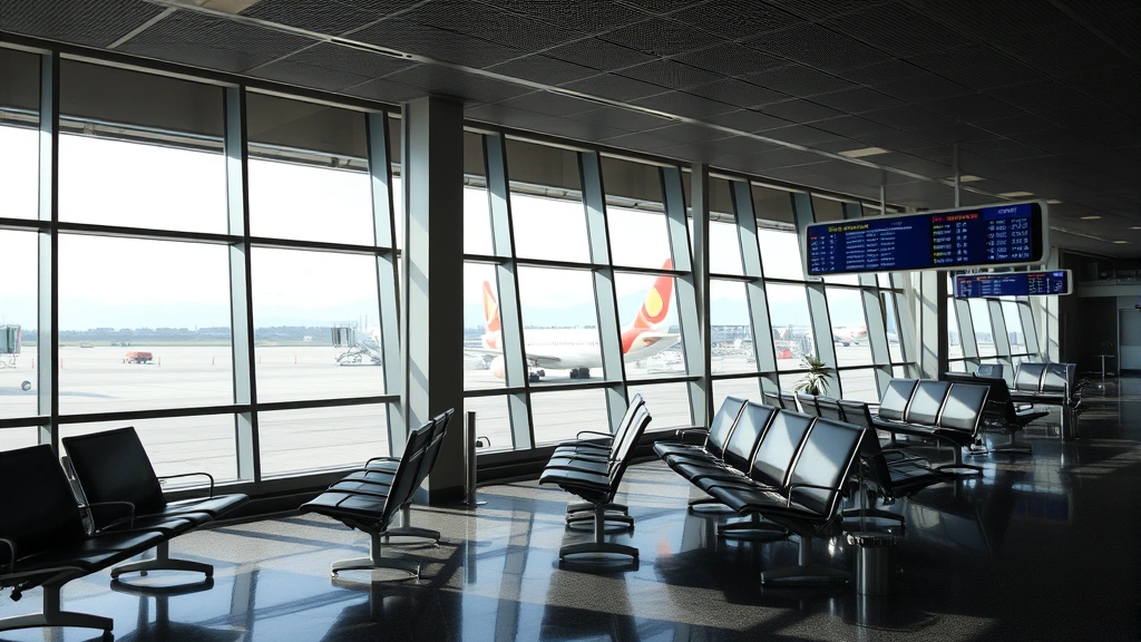 Airport gate area with seating, windows showing aircraft outside, departure boards, modern interior design, natural lighting, typical commercial airport gate environment