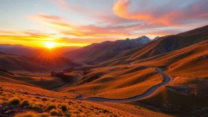 Mountain valley landscape with winding road in Idaho during golden hour sunset, vibrant colors, photorealistic travel photography