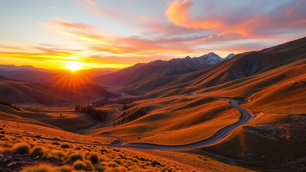Mountain valley landscape with winding road in Idaho during golden hour sunset, vibrant colors, photorealistic travel photography