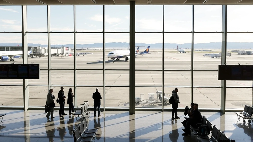 Boise Airport departure lounge with travelers and large windows showing aircraft on tarmac, modern architecture, natural lighting