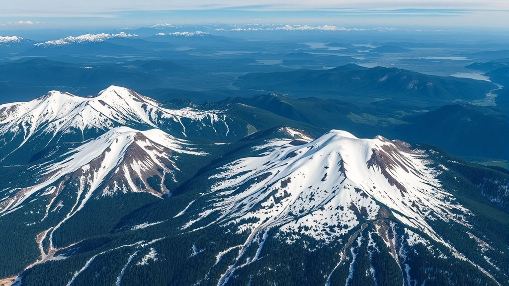 Aerial view of mountain peaks with snow-covered slopes and pine forests stretching to horizon, panoramic landscape photography