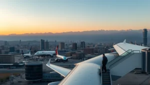 Aerial view of Tehran cityscape with Alborz mountains in background, modern airport terminal with aircraft, golden hour lighting, traveler with luggage boarding stairs