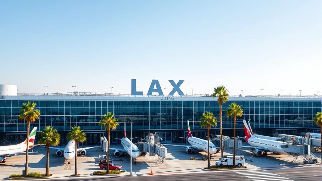 Los Angeles International Airport LAX terminal exterior with planes parked at gates, modern architecture, California palm trees and clear sky