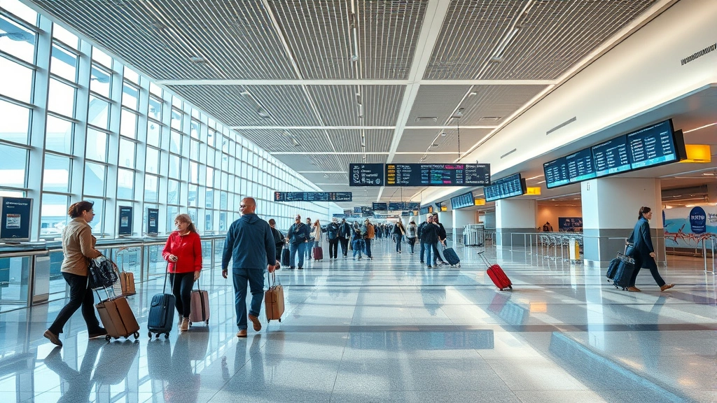 Tokyo Haneda Airport modern interior with travelers with luggage, bright contemporary design, departure hall with flight information displays