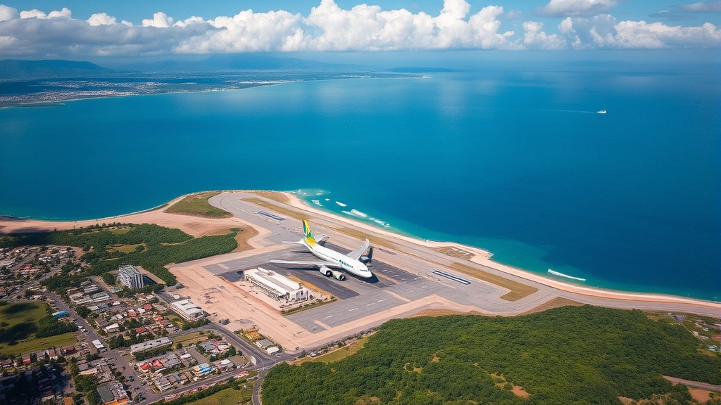 Aerial view of Norman Manley International Airport Kingston Jamaica with ocean and mountains in background, tropical landscape, sunny weather, daytime photography