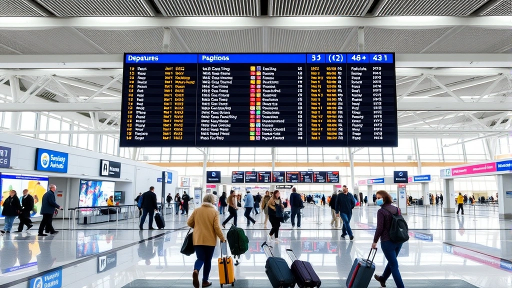 Busy departures board at modern airport terminal showing flight information and destinations, travelers with luggage moving through airport, contemporary airport architecture
