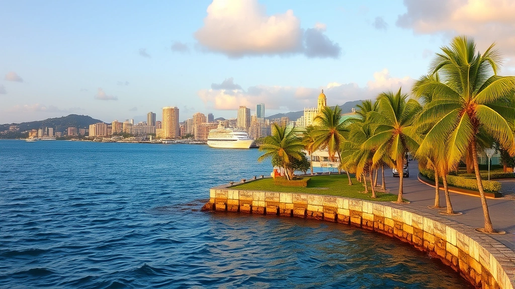 Coastal Kingston Jamaica waterfront with Caribbean Sea, blue water, palm trees, downtown skyline in background, colorful buildings, tropical island scenery, golden hour lighting