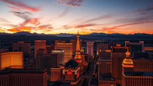 Aerial view of Las Vegas Strip at sunset with bright neon lights reflecting off buildings, mountains in background, photorealistic professional photography