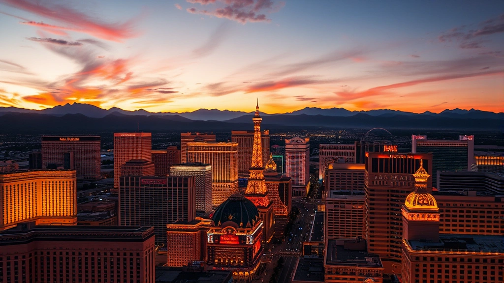 Aerial view of Las Vegas Strip at sunset with bright neon lights reflecting off buildings, mountains in background, photorealistic professional photography