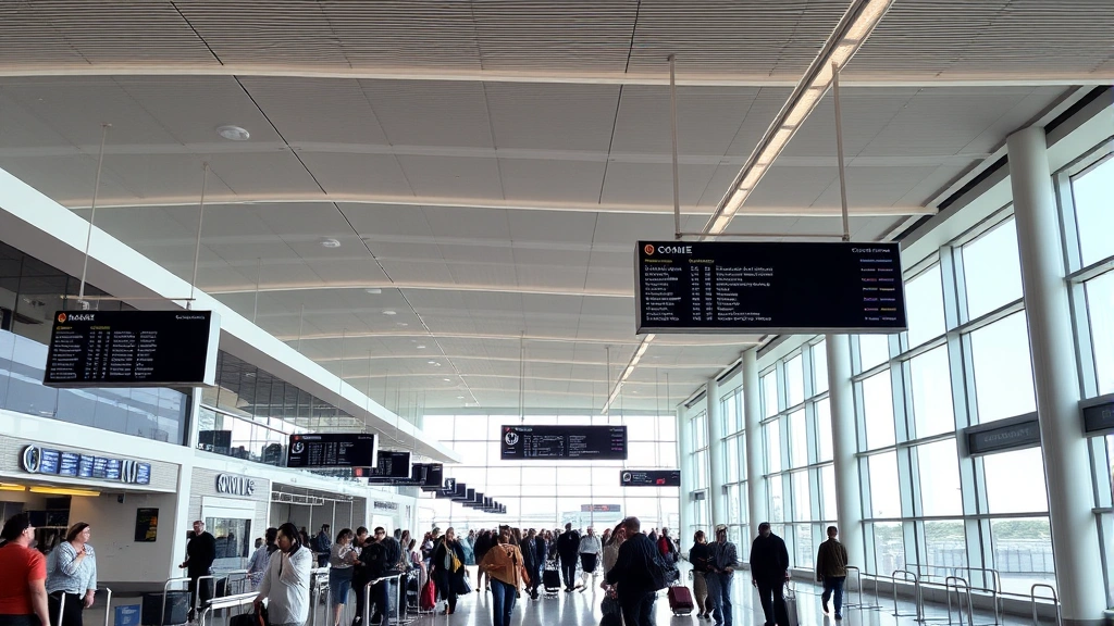 Miami International Airport terminal interior with departing passengers, modern architecture, departure boards visible, busy travel scene during daytime