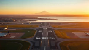 Aerial view of Seattle-Tacoma International Airport runway with Puget Sound and snow-capped Mount Rainier visible in background during golden hour lighting