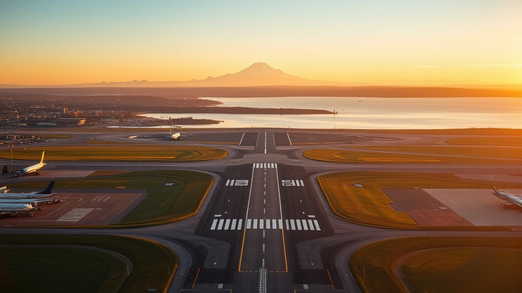 Aerial view of Seattle-Tacoma International Airport runway with Puget Sound and snow-capped Mount Rainier visible in background during golden hour lighting