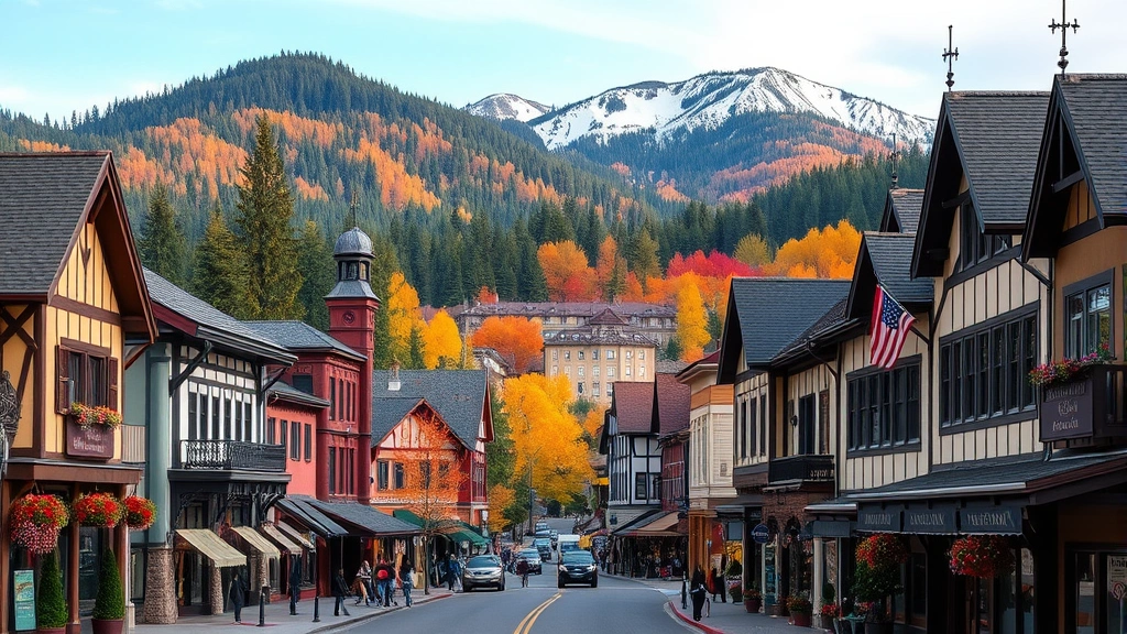Leavenworth Washington downtown Bavarian-themed village streets with Alpine architecture, colorful storefronts, and evergreen-covered mountains surrounding valley in autumn