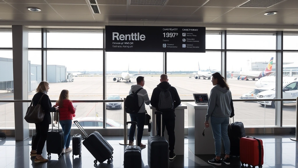 Modern rental car pickup counter at Seattle airport with travelers collecting keys, luggage on ground, glass windows showing parking garage and tarmac beyond