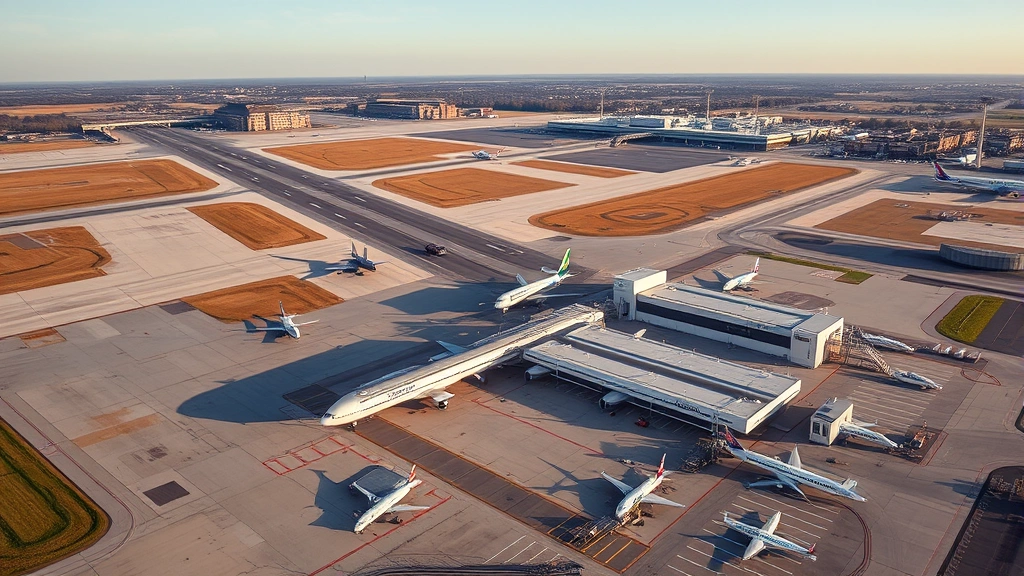 Aerial view of Bill and Clinton National Airport in Little Rock, Arkansas with runways and terminal buildings visible from above during daytime, commercial aircraft parked at gates