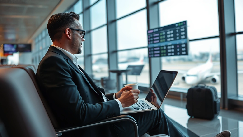 Business traveler sitting at airport gate lounge with laptop and coffee, checking flight information on screen, modern airport interior with large windows showing tarmac and aircraft