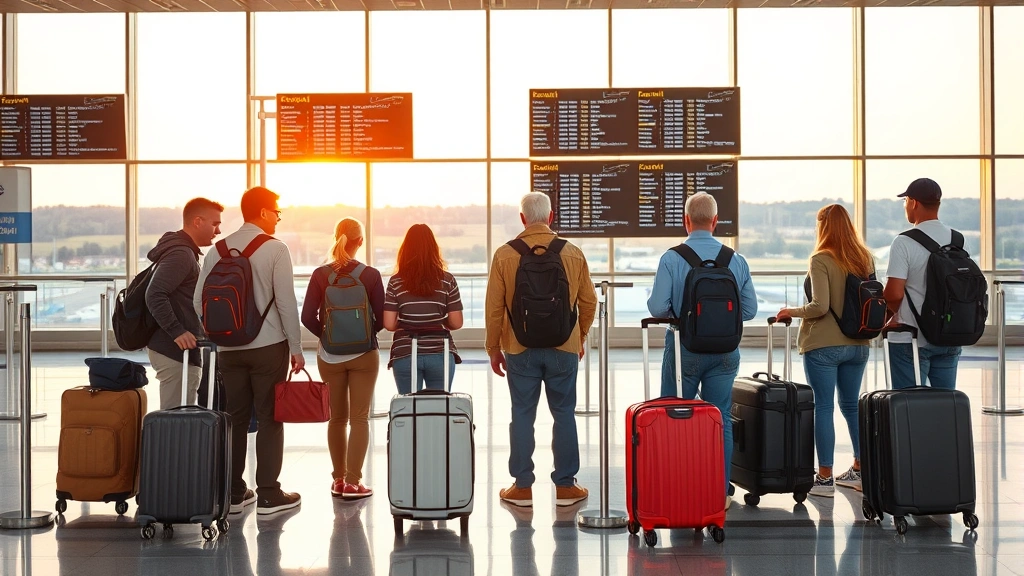 Diverse group of tourists with luggage at Little Rock airport departure area, checking boards for flight information, warm Arkansas landscape visible through windows in background