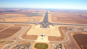 Aerial view of Lubbock Preston Smith International Airport with West Texas plains extending to horizon, runway visible, clear sunny day, aircraft on tarmac, no text visible